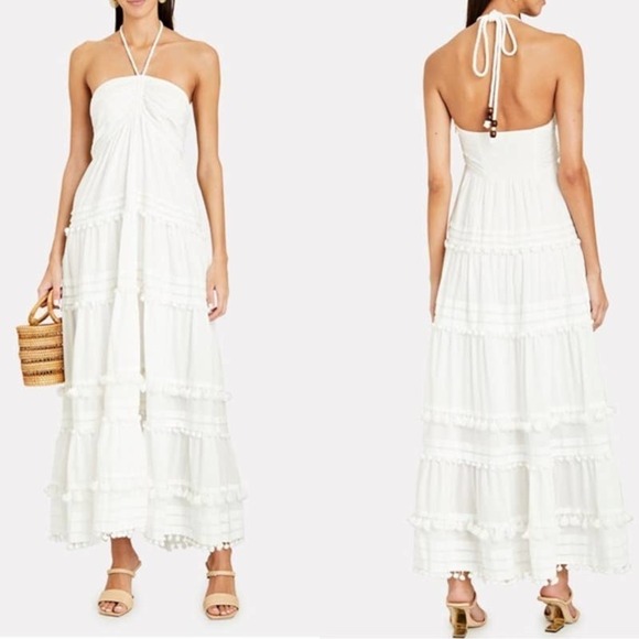 INTERMIX BEACHCLUB Lydia Halter Pompom Organic Cotton Maxi Dress Size L NWOT - Picture 3 of 10
